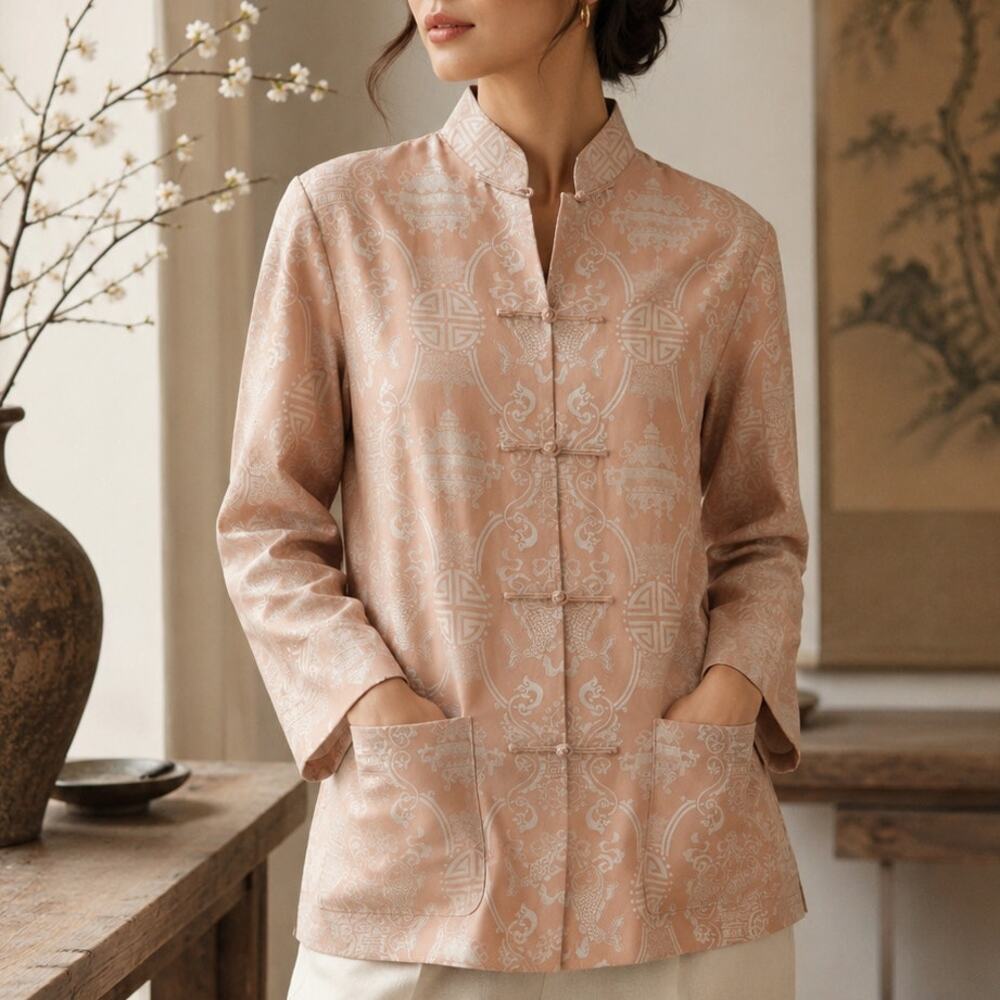 Shanghai Tang Silk Blend Mandarin Collar Brocade Blouse Jacket Chinese Luxury